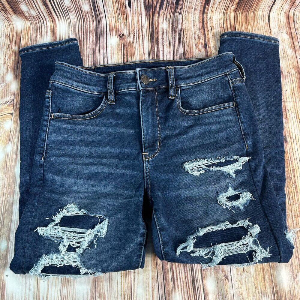 American Eagle HI RISE JEGGING Size 8 X Short Distressed Jeans Denim Pants 28x24 - Picture 3 of 14